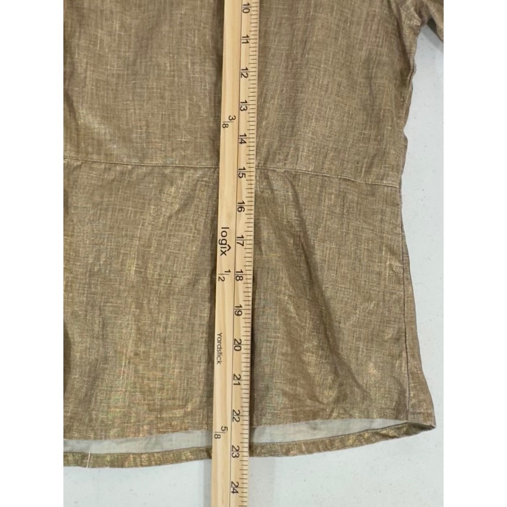 Aegean Button Front Blouse Top Size XL Linen Gold Metallic Ruffle Cuff Peplum - Picture 8 of 9